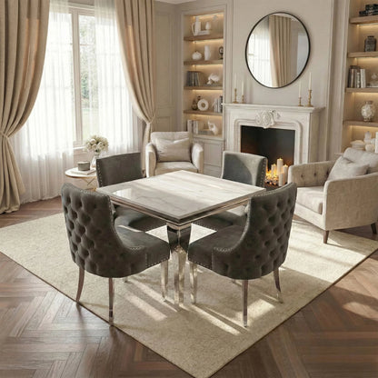 Luxury Lorens 1m Square Chrome Dining Set White Marble Table With 4 Oskar Dark Grey Velvet Chairs