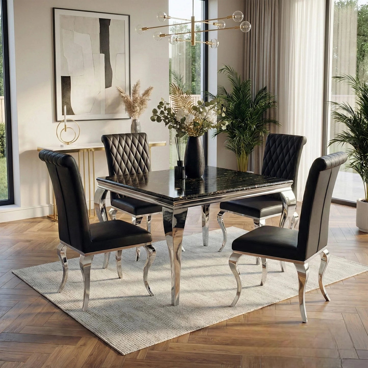 Luxury Lorens 1m Square Gold Black Marble Chrome Dining Set Table With 4 Niklas Leather Chairs