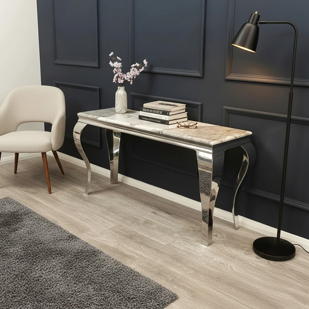 Luxury Lorens Chrome Console Table Steel Legs With 140x40cm Cream/Beige Marble Top