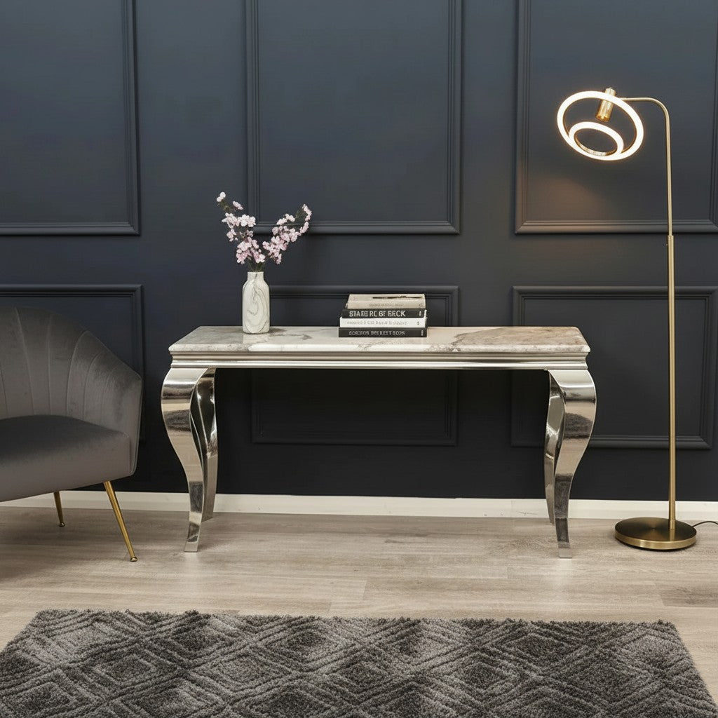 Luxury Lorens Chrome Console Table Steel Legs With 140x40cm Cream/Beige Marble Top