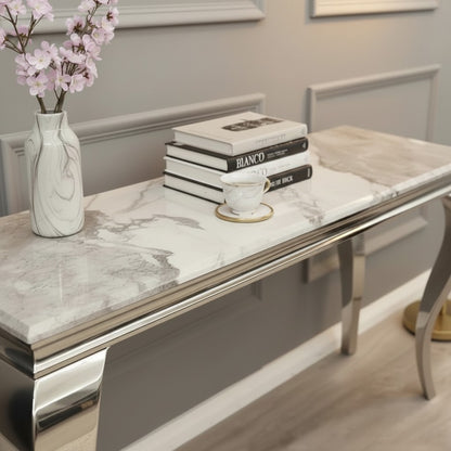 Luxury Lorens Chrome Console Table Steel Legs With 140x40cm Cream/Beige Marble Top