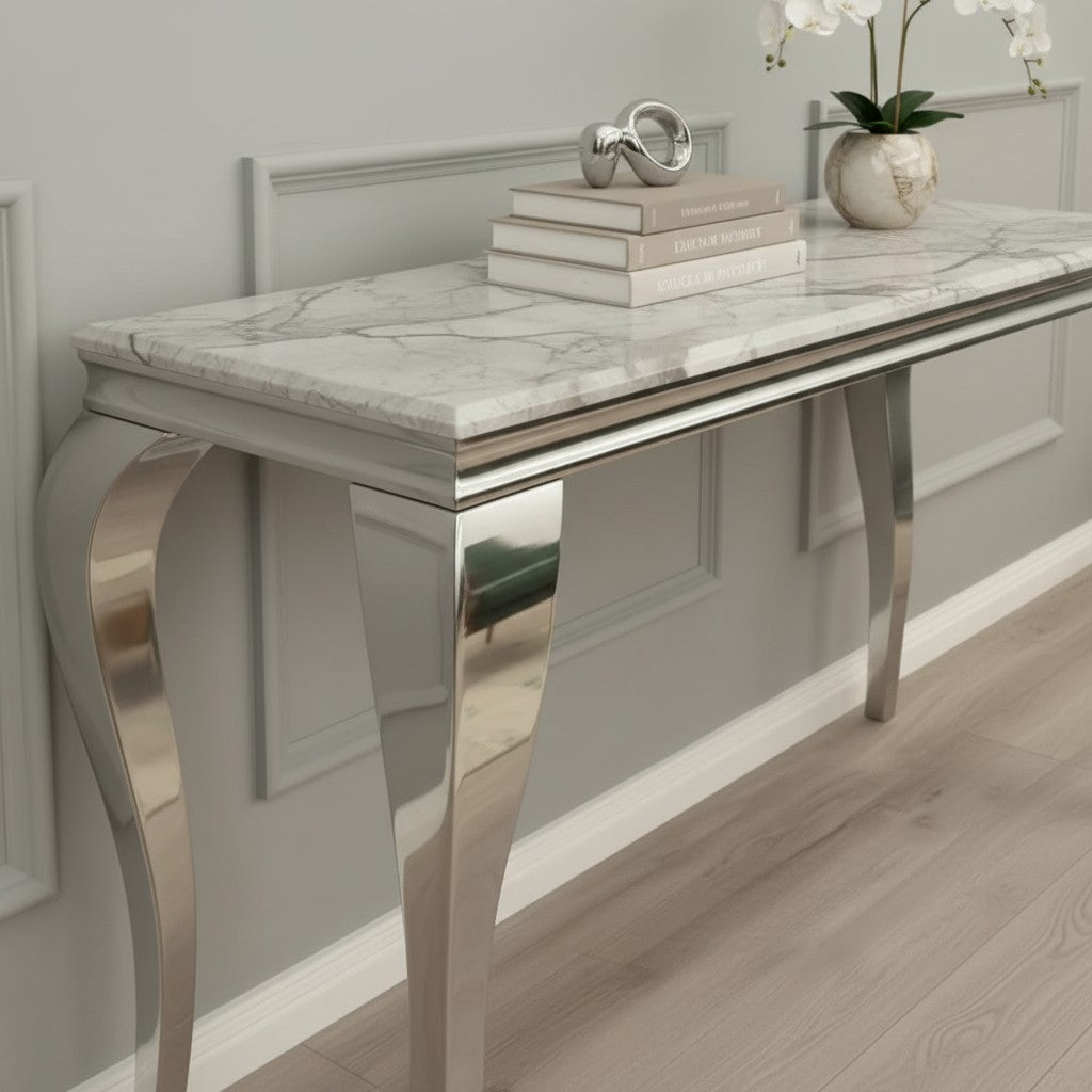 Luxury Lorens Chrome Console Table Steel Legs With 140x40cm Cream/Beige Marble Top