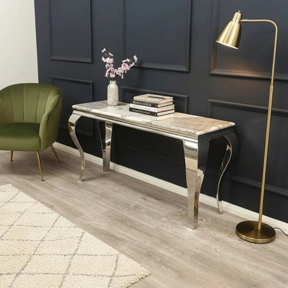 Luxury Lorens Chrome Console Table Steel Legs With 140x40cm Cream/Beige Marble Top