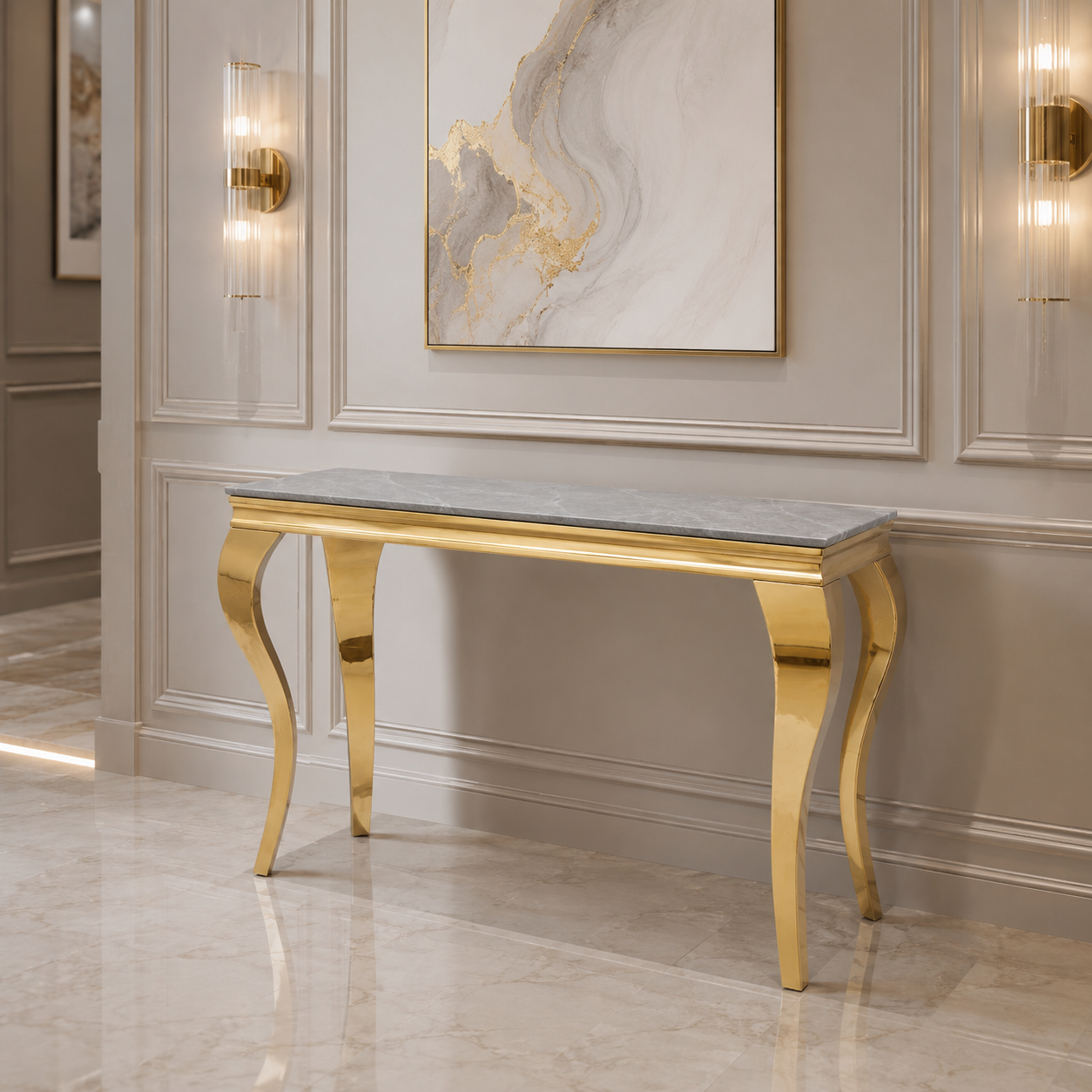 Luxury Louis 1.2m Gold Console Table With Stomach Ash Grey Sintered Stone