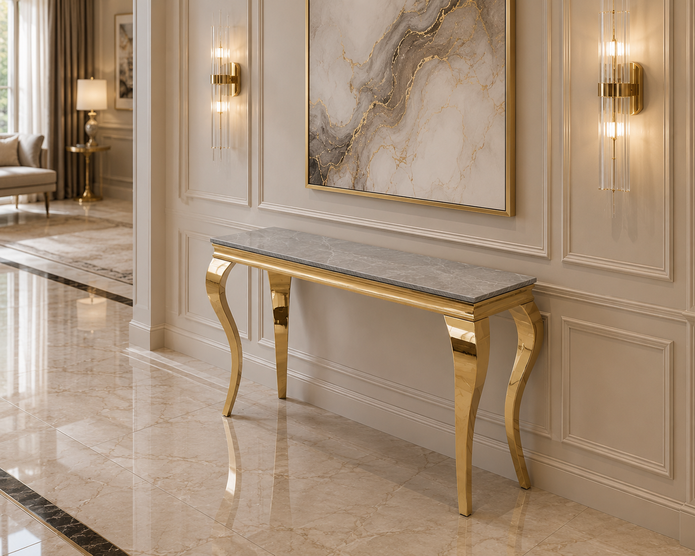 Luxury Louis 1.2m Gold Console Table With Stomach Ash Grey Sintered Stone