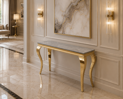 Luxury Louis 1.2m Gold Console Table With Stomach Ash Grey Sintered Stone