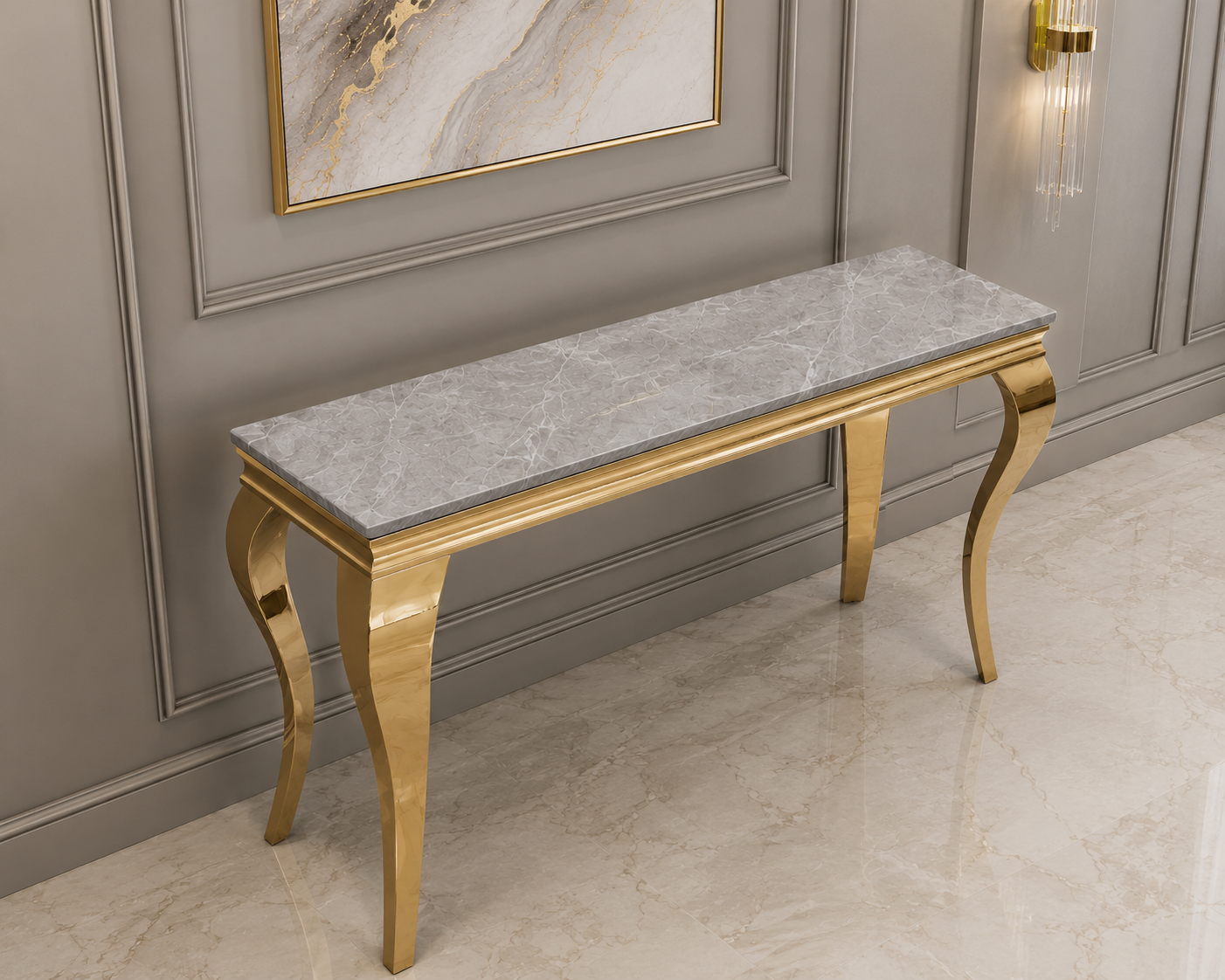 Luxury Louis 1.2m Gold Console Table With Stomach Ash Grey Sintered Stone