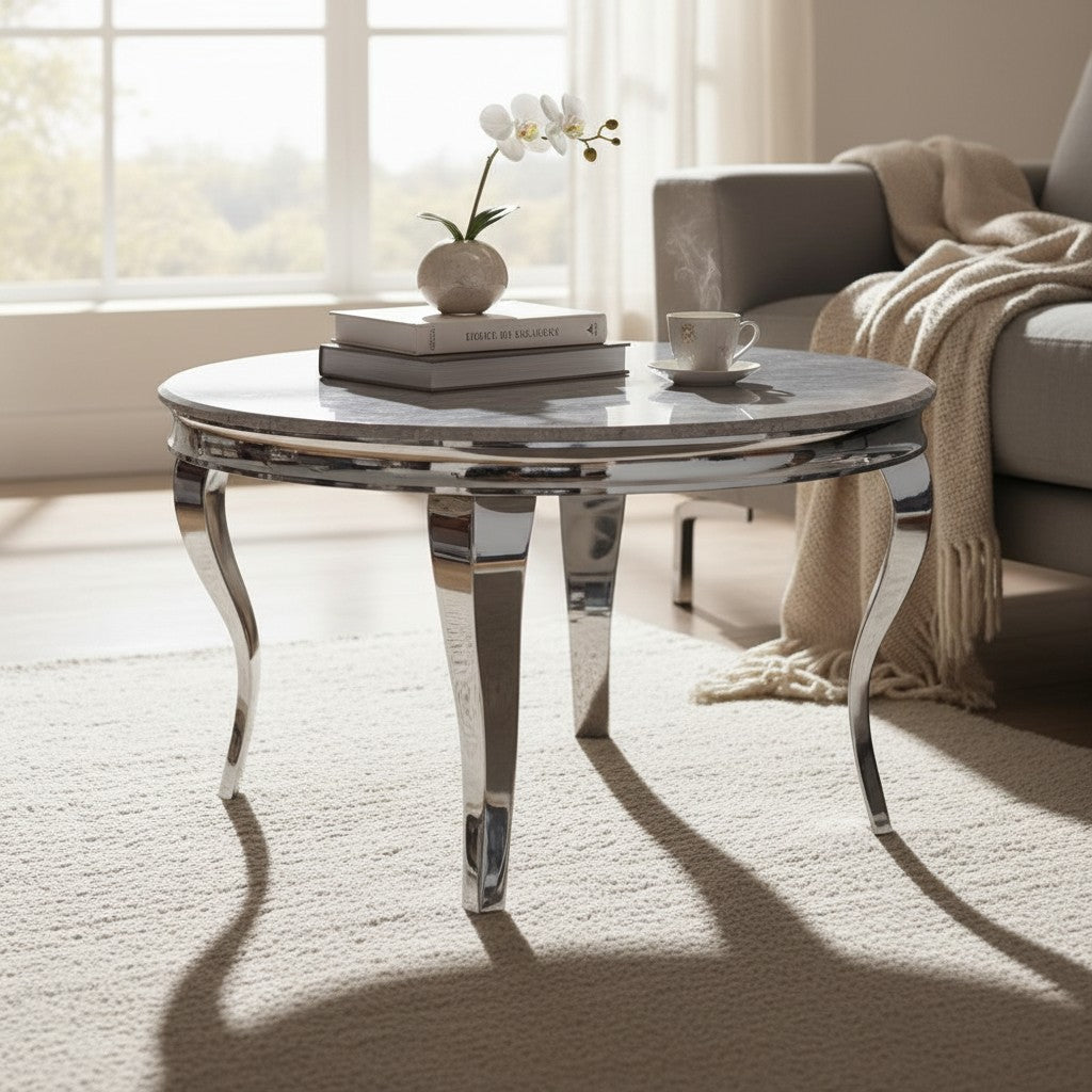 Luxury Louis 130cm Round Chrome Dining Table With Grey Glass