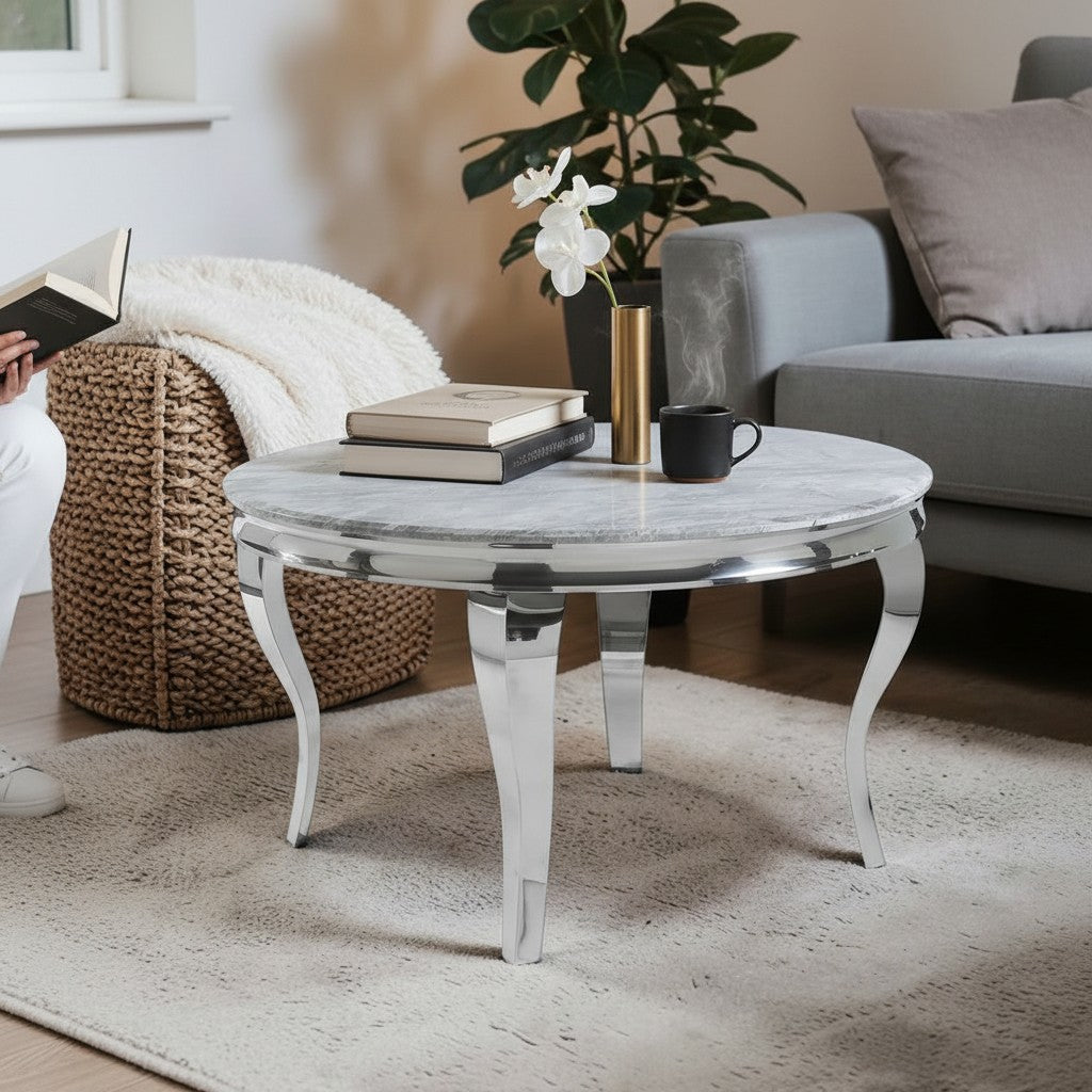 Luxury Louis 130cm Round Chrome Dining Table With Grey Glass