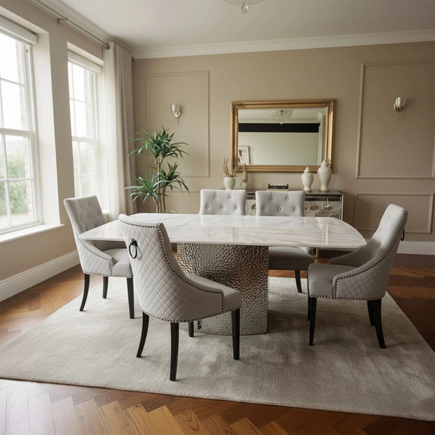 Luxury Lucca 1.8m Slimline White Marble Dining Set Table With Gunnar Light Grey Velvet Chairs