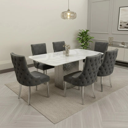 Luxury Lucca 1.8m Slimline White Marble Dining Set Table With Oskar Dark Grey Velvet Chairs