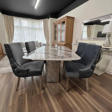 Luxury Lucca 180cm Grey Marble Dining Table With Hammered Metal Block Base