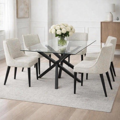 Luxury Monza Rectangular Glass Top Black Metal Leg Dining Table