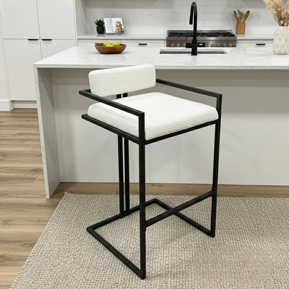 Luxury Nils Bouclé Bar Stool With Black Metal Stand And Modern Counter Stool