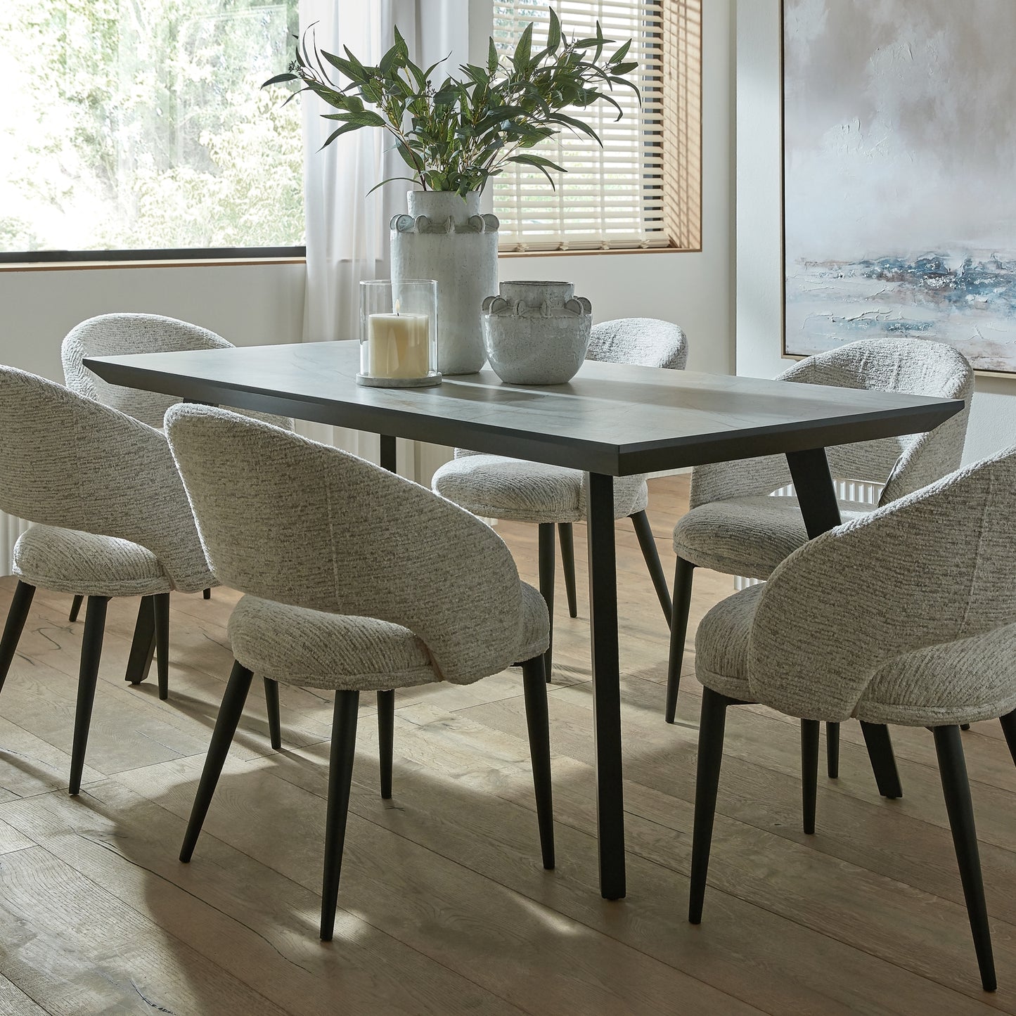 Luxury Nivara Rectangular Grey Top Black Metal Leg Dining Table