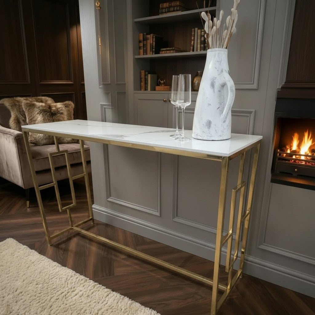 Luxury Nori Art Deco Design Gold Console Table With 120x40cm Polar White Stone Top