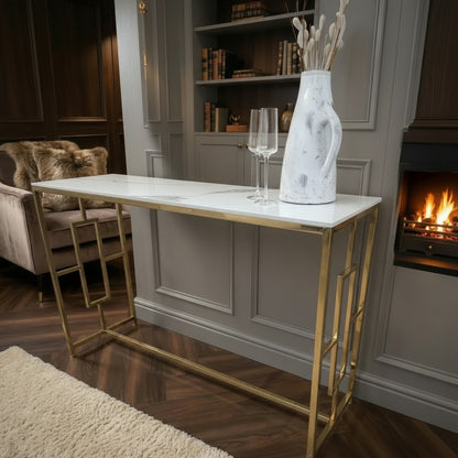 Luxury Nori Art Deco Design Gold Console Table With 120x40cm Polar White Stone Top