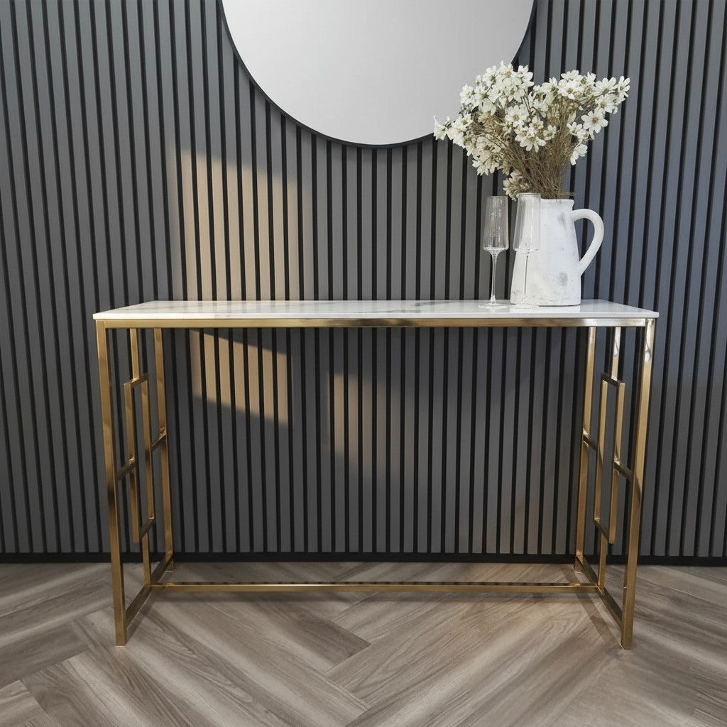 Luxury Nori Art Deco Design Gold Console Table With 120x40cm Polar White Stone Top