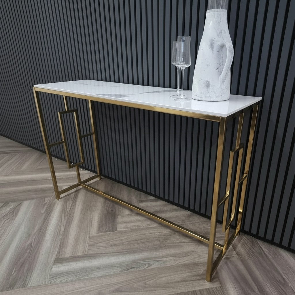 Luxury Nori Art Deco Design Gold Console Table With 120x40cm Polar White Stone Top