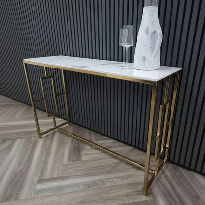 Luxury Nori Art Deco Design Gold Console Table With 120x40cm Polar White Stone Top