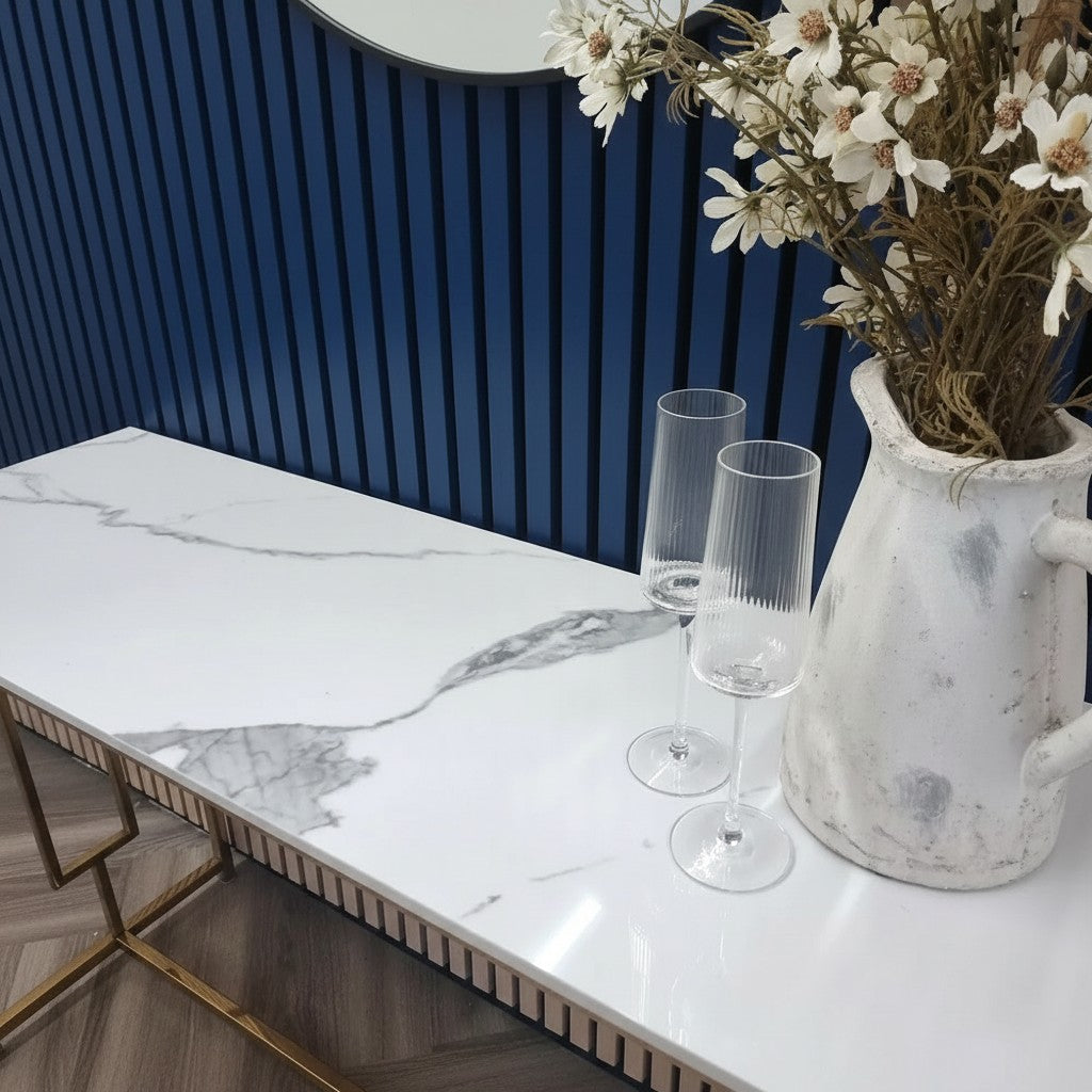 Luxury Nori Art Deco Design Gold Console Table With 120x40cm Polar White Stone Top