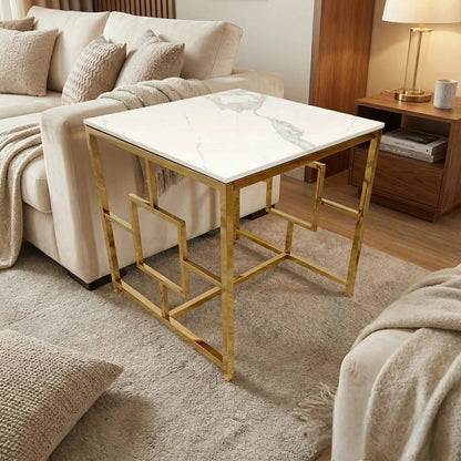 Luxury Nori Art Deco Style Gold Side End Lamp Table With 55x55cm Polar White Stone Top