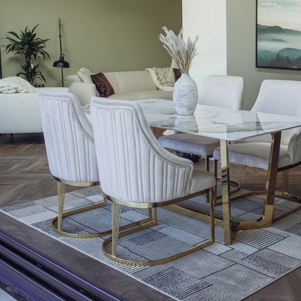 Luxury Olivia Beige Velvet Dining Chair With Fluted Back And Gold Stainless Steel Frame