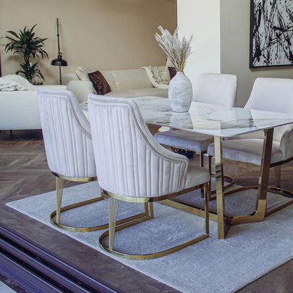 Luxury Olivia Beige Velvet Dining Chair With Fluted Back And Gold Stainless Steel Frame
