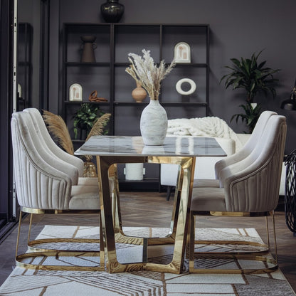 Luxury Olivia Beige Velvet Dining Chair With Fluted Back And Gold Stainless Steel Frame