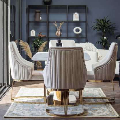 Luxury Olivia Beige Velvet Dining Chair With Fluted Back And Gold Stainless Steel Frame