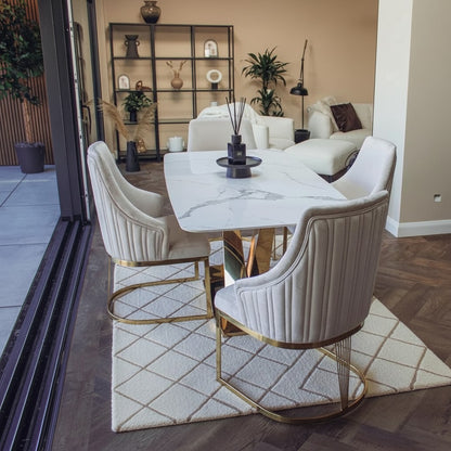 Luxury Olivia Beige Velvet Dining Chair With Fluted Back And Gold Stainless Steel Frame