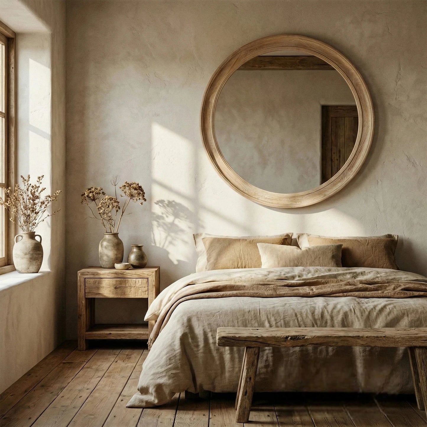 Luxury Orel 120cm Large Washed Wood Round Wall Mirror in Antique White
