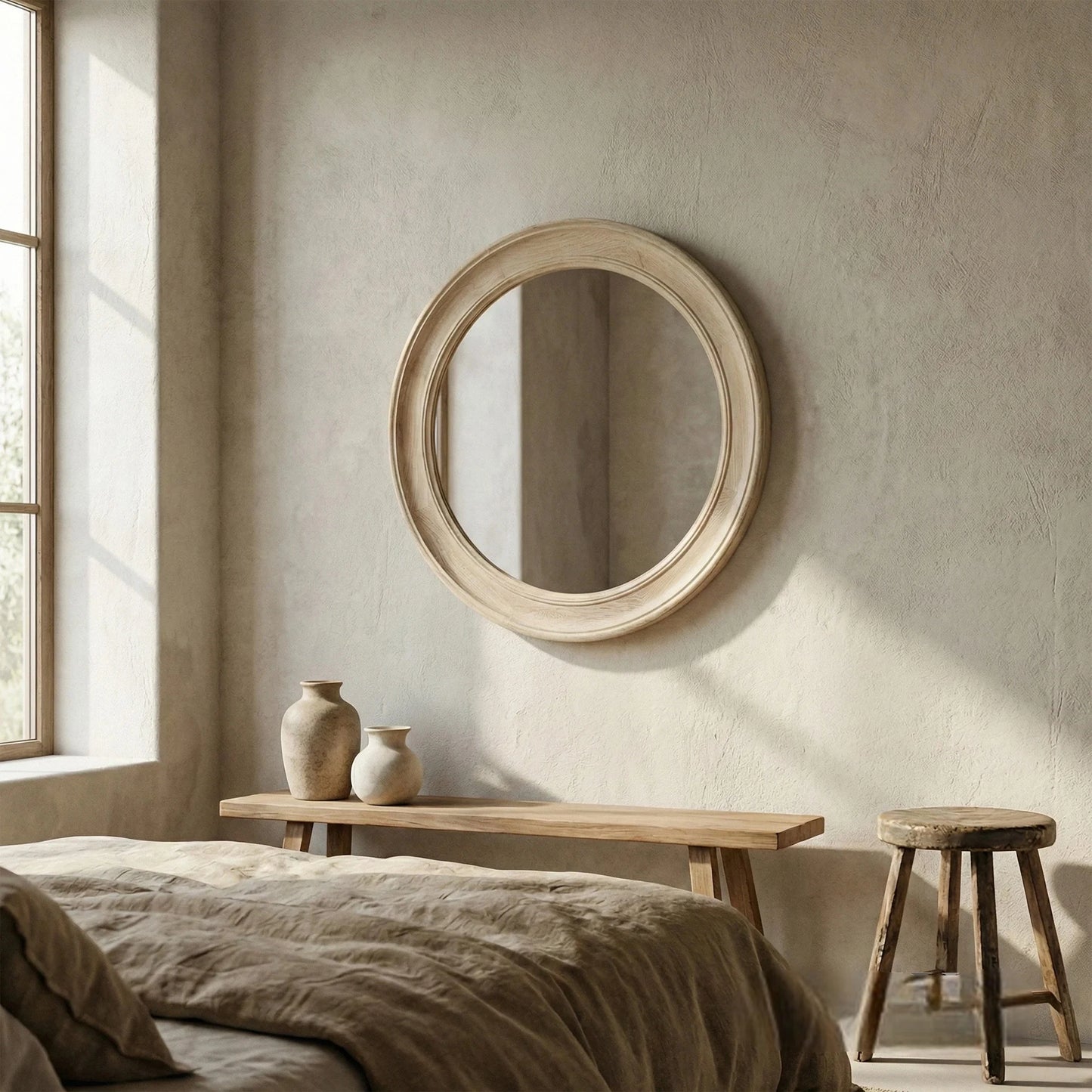 Luxury Orel 90cm Medium Washed Wood Round Wall Mirror In Antique White