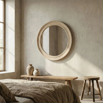 Luxury Orel 90cm Medium Washed Wood Round Wall Mirror In Antique White