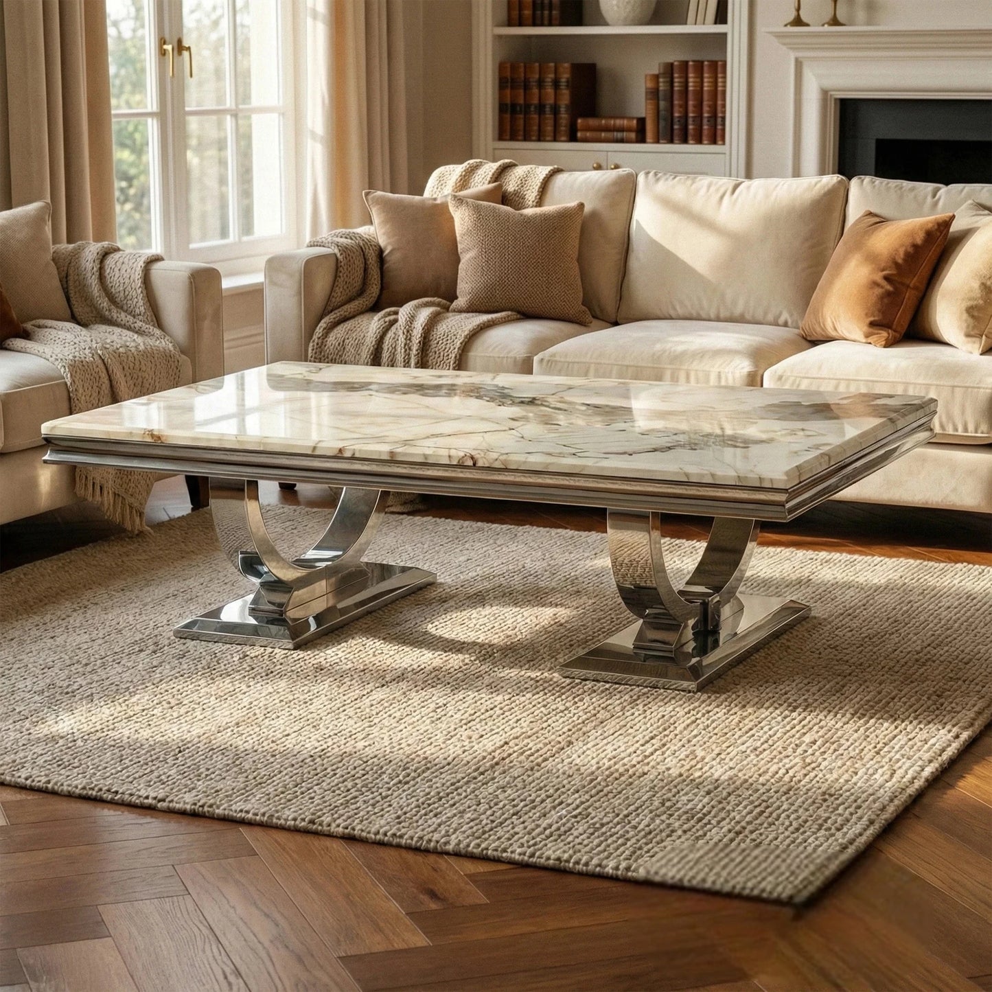 Luxury Orvar 130cm Chrome Coffee Table With Cream/Beige Marble Top And Ring Stand