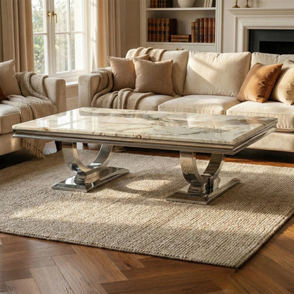 Luxury Orvar 130cm Chrome Coffee Table With Cream/Beige Marble Top And Ring Stand