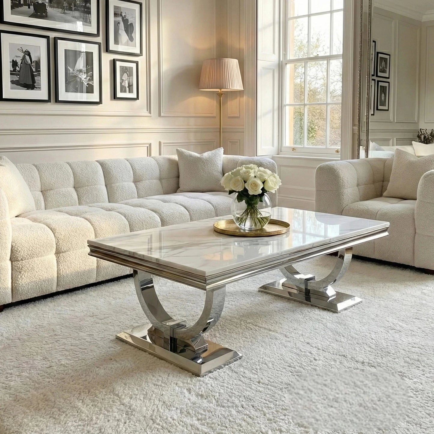 Luxury Orvar 130cm Chrome Coffee Table With White Marble Top And Ring Stand