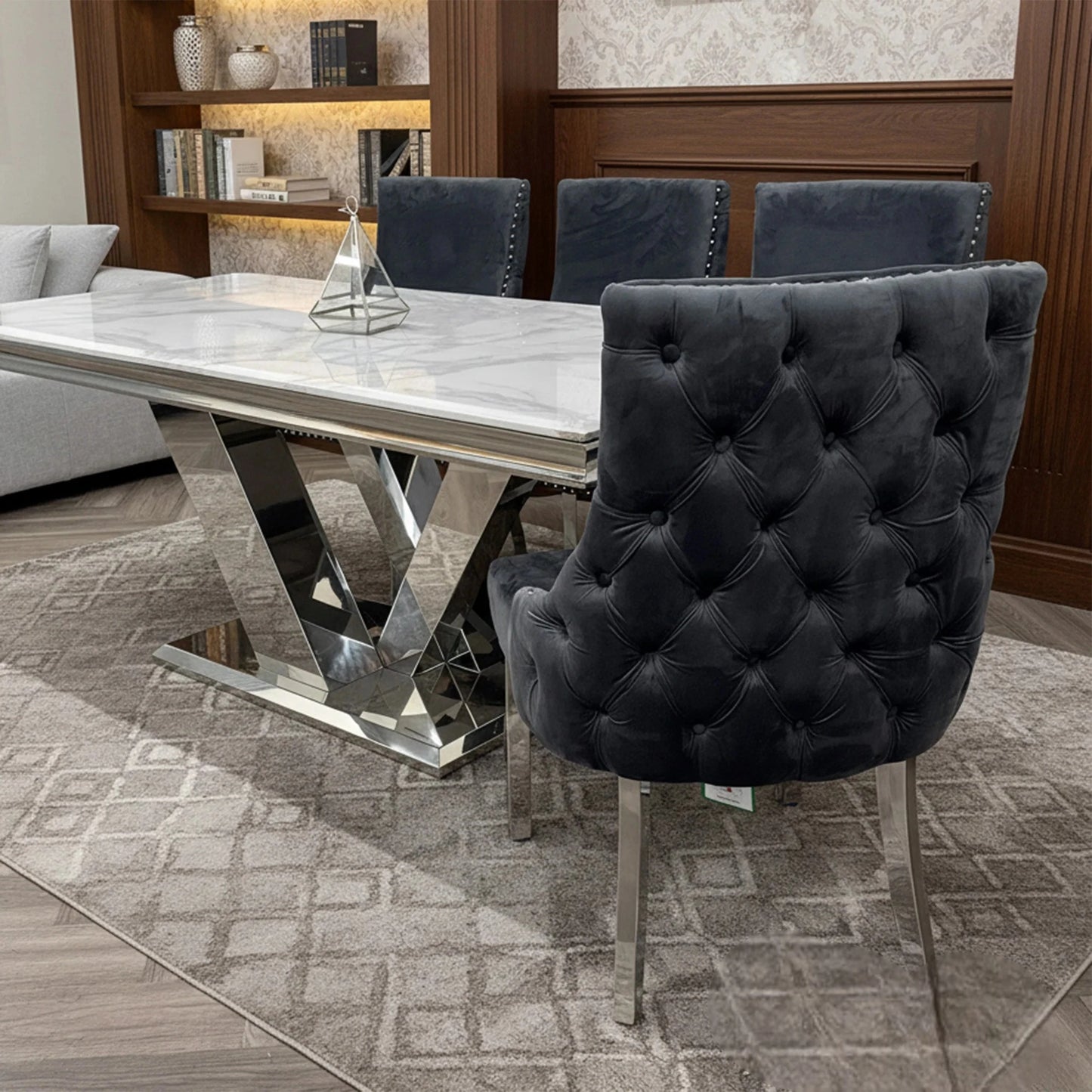 Luxury Oskar Dark Grey Velvet Dining Chair With Deep Button Back And Chrome Legs
