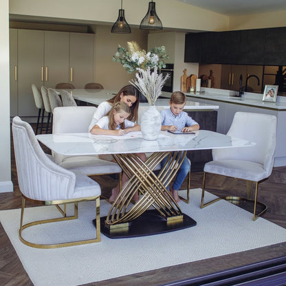 Luxury Ostuni 1.8m Slimline Gold Dining Set White Sintered Stone Table With Olivia Beige Velvet Chairs