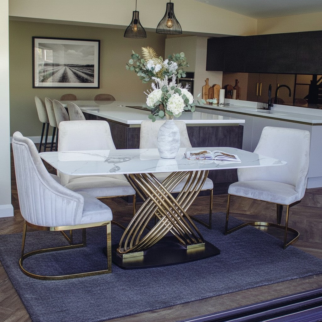 Luxury Ostuni 1.8m Slimline Gold Dining Set White Sintered Stone Table With Olivia Beige Velvet Chairs