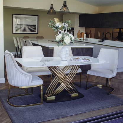 Luxury Ostuni 1.8m Slimline Gold Dining Set White Sintered Stone Table With Olivia Beige Velvet Chairs