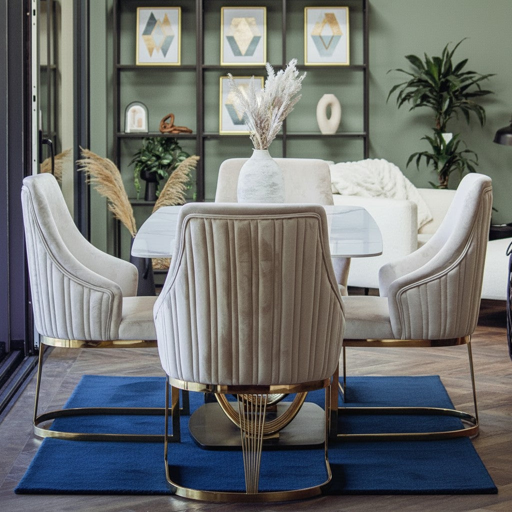 Luxury Ostuni 1.8m Slimline Gold Dining Set White Sintered Stone Table With Olivia Beige Velvet Chairs