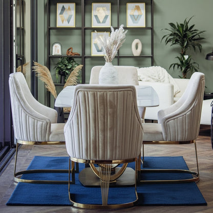 Luxury Ostuni 1.8m Slimline Gold Dining Set White Sintered Stone Table With Olivia Beige Velvet Chairs