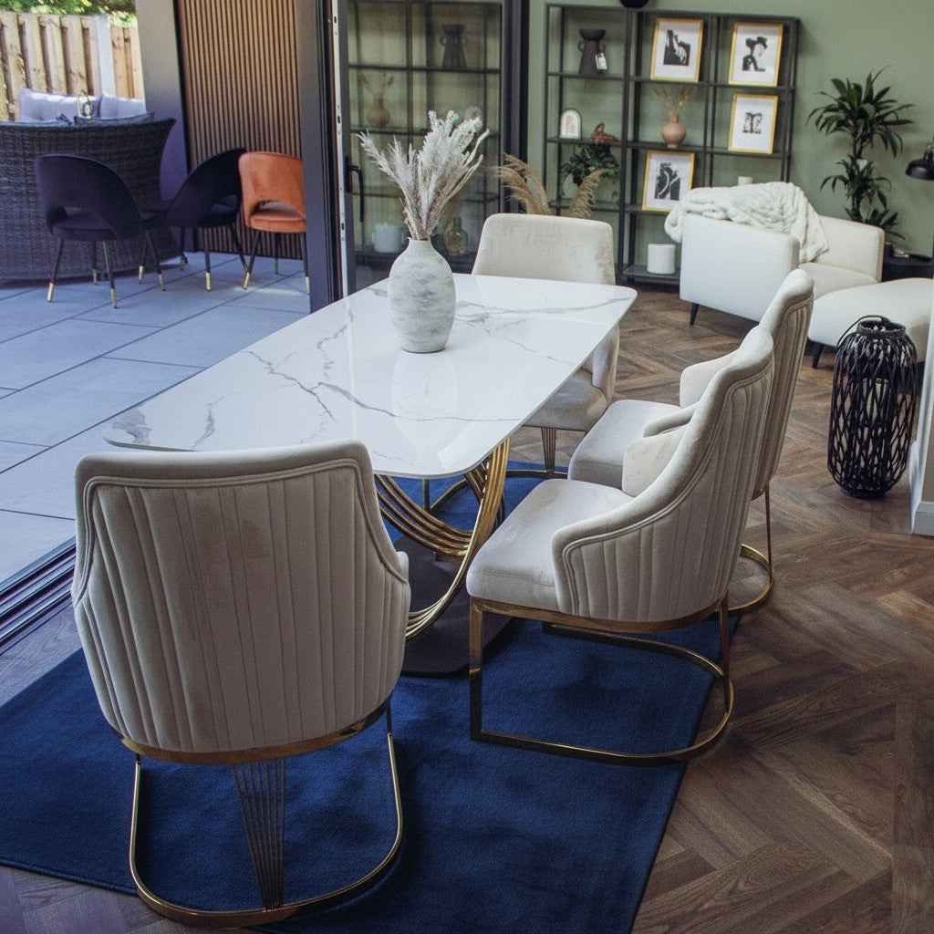 Luxury Ostuni 1.8m Slimline Gold Dining Set White Sintered Stone Table With Olivia Beige Velvet Chairs