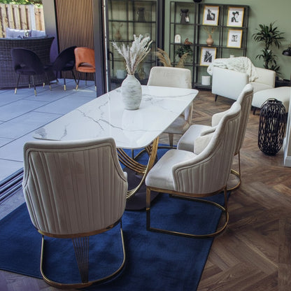 Luxury Ostuni 1.8m Slimline Gold Dining Set White Sintered Stone Table With Olivia Beige Velvet Chairs