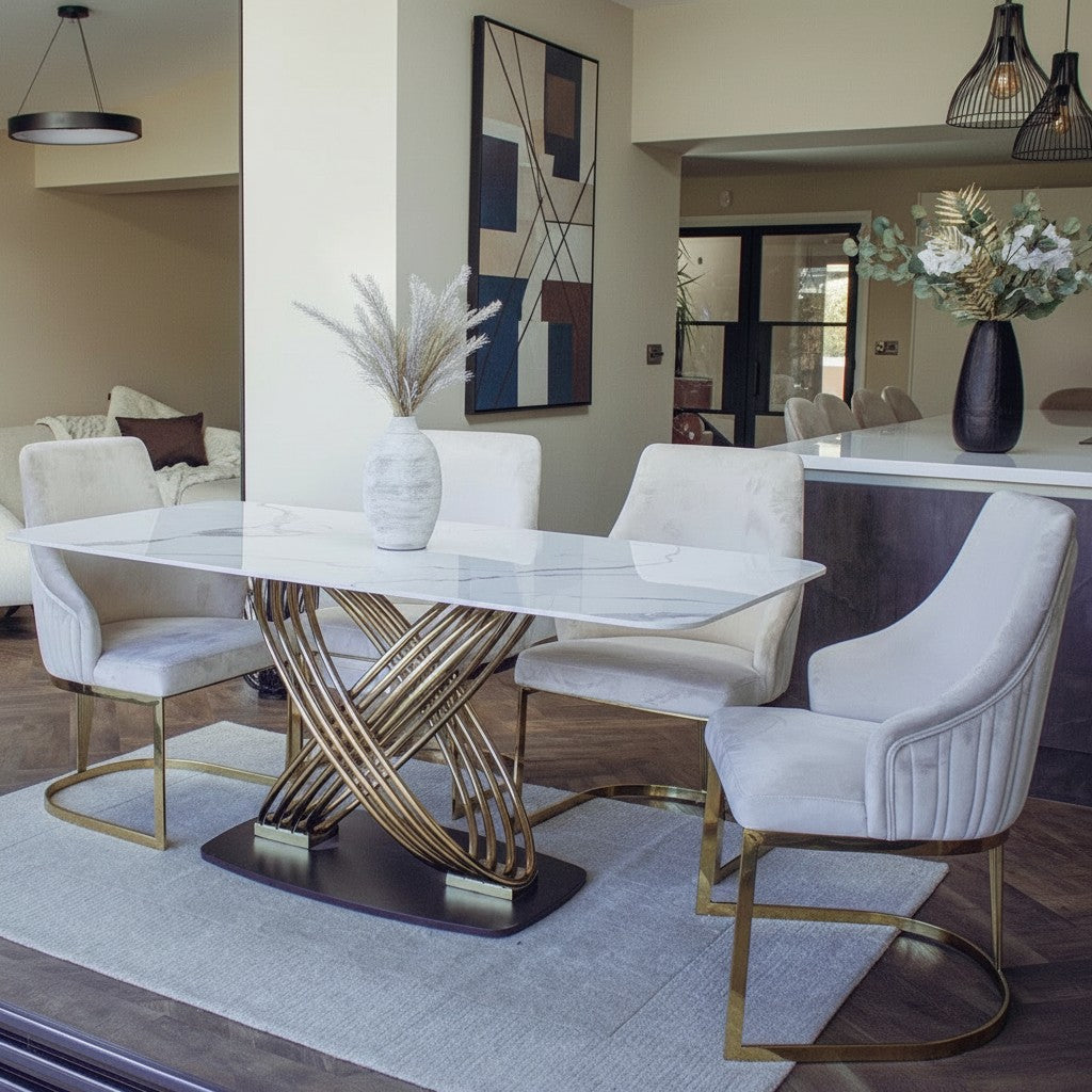 Luxury Ostuni 1.8m Slimline Gold Dining Set White Sintered Stone Table With Olivia Beige Velvet Chairs