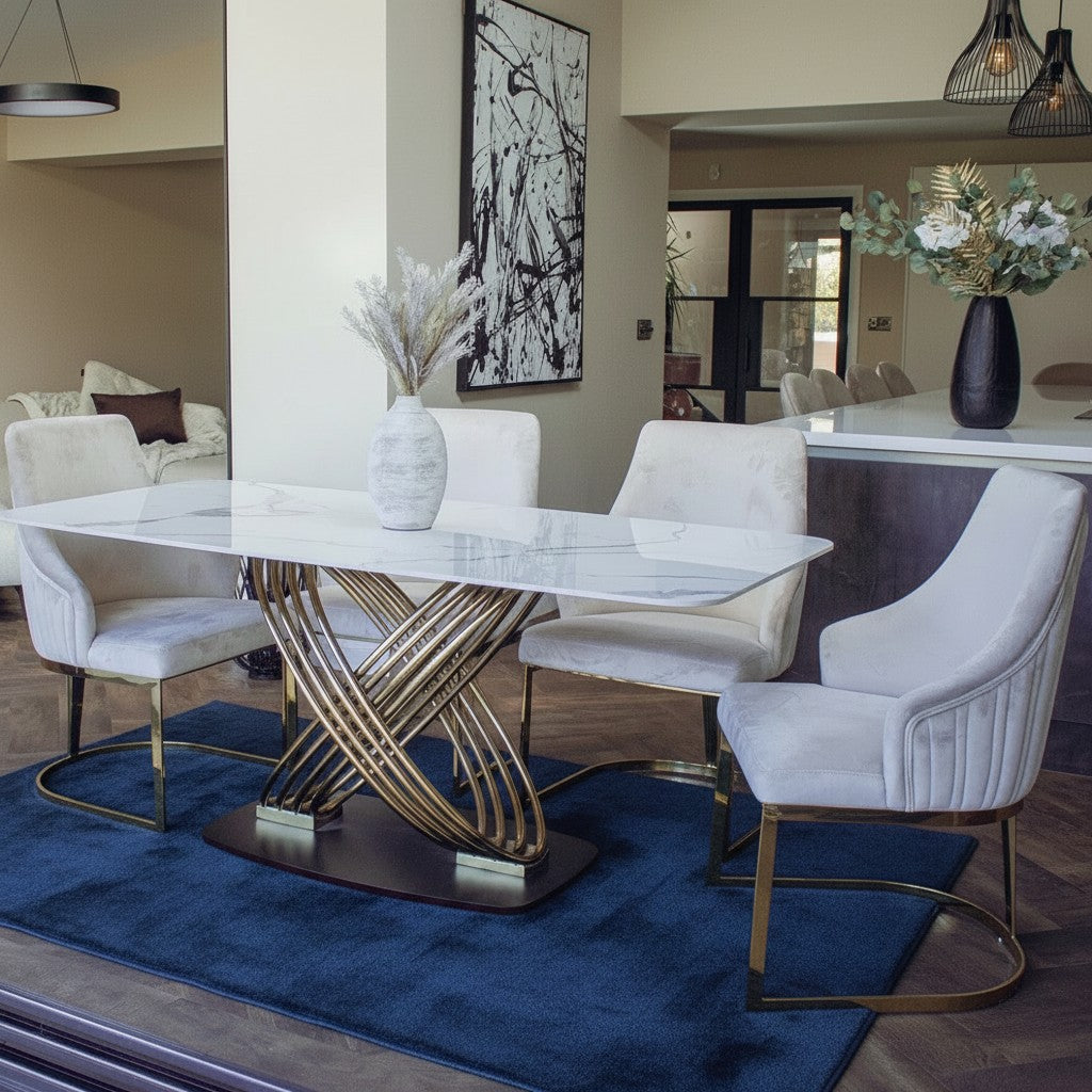Luxury Ostuni 1.8m Slimline Gold Dining Set White Sintered Stone Table With Olivia Beige Velvet Chairs