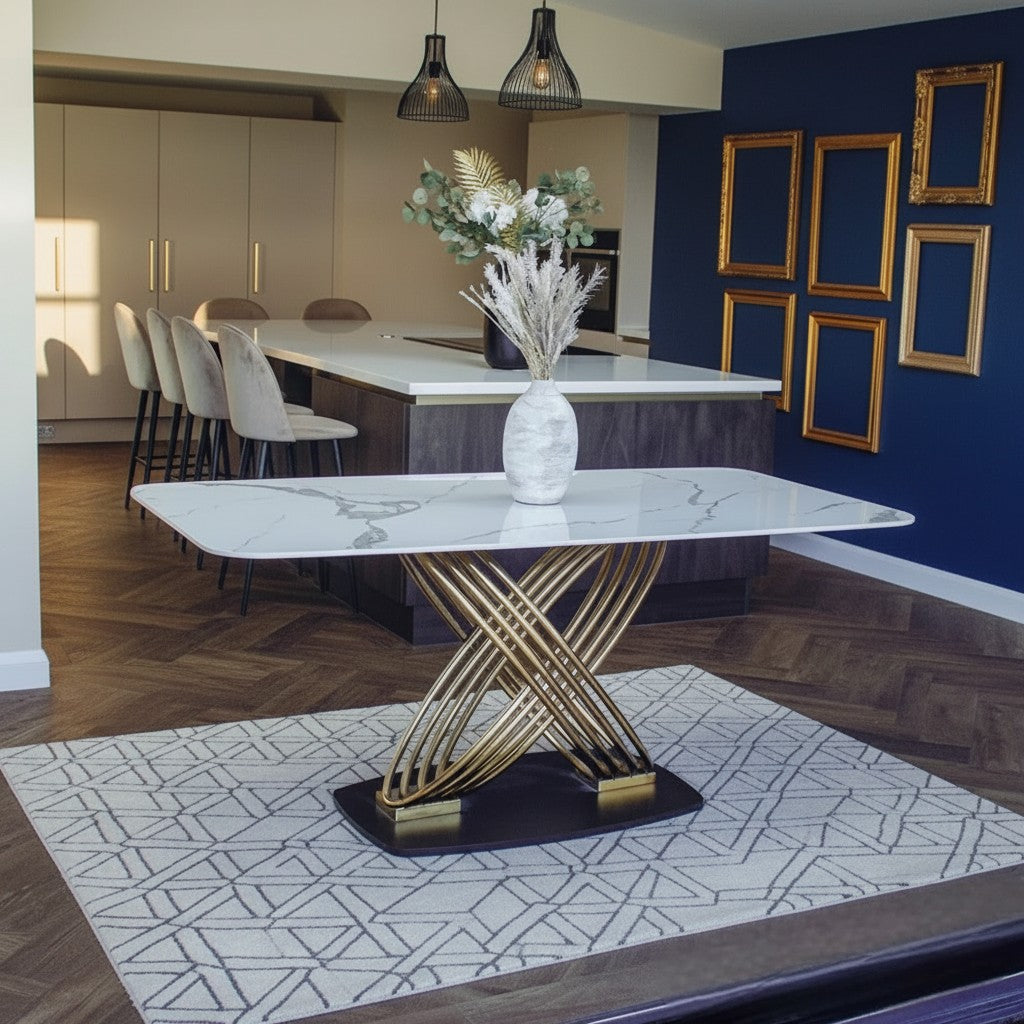 Luxury Ostuni 180cm Slimline Oval-Rectangular Dining Table With Polar White Sintered Stone Top