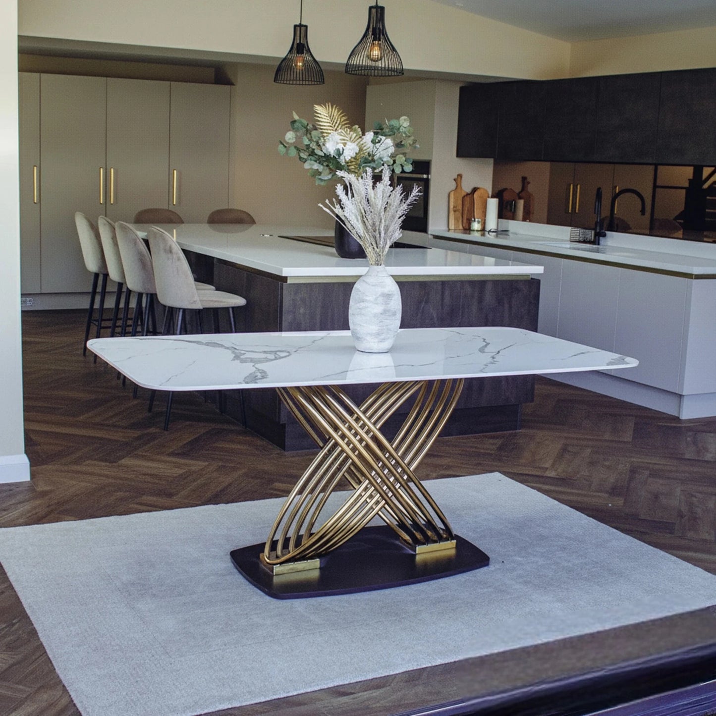 Luxury Ostuni 180cm Slimline Oval-Rectangular Dining Table With Polar White Sintered Stone Top