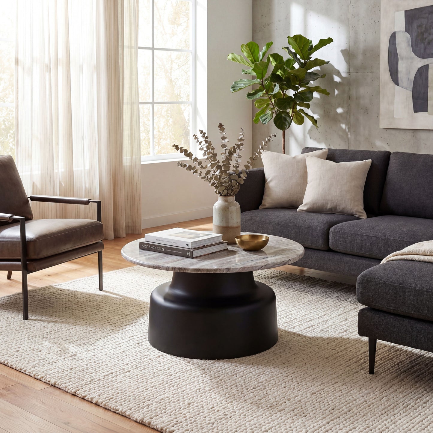 Luxury Oura Round Grey Top Black Metal Legs Coffee Table